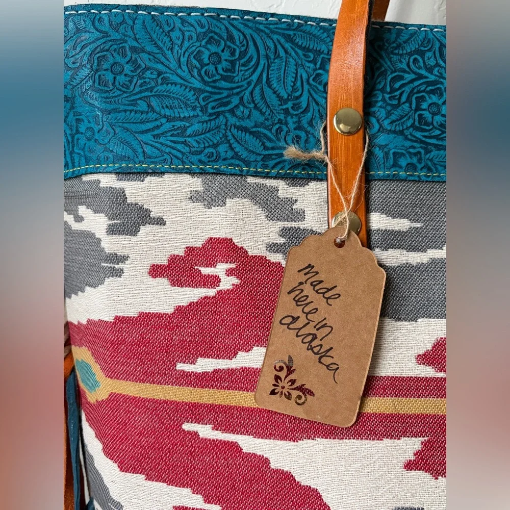 Handmade Leather Fringe Tote Southwestern Ikat Boho Oversized Bag - Picture 2 of 12